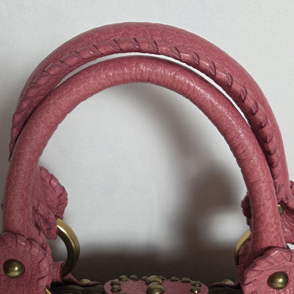 VTG Isabella Fiore Pink Leather Wicker Satchel Studded Trim Boho Handbag Rare - Picture 3 of 16